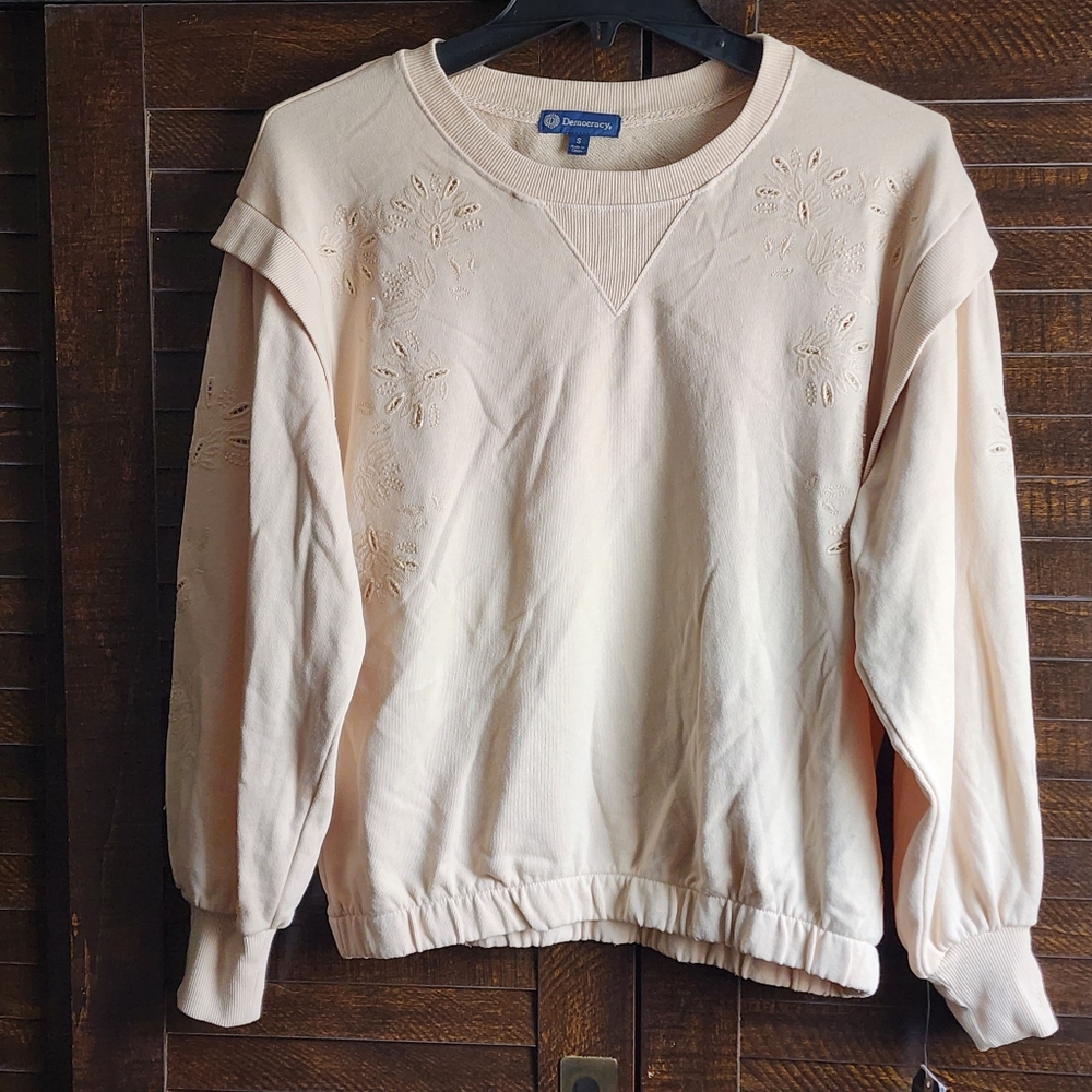 Democracy Sweatshirt Long Sleeve Flange Shoulder Scoop Neck Mineral Wash Pearl S